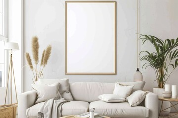 Scandinavian style living room with poster mockup created with generative ai
