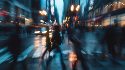 Defocused image 3 An outoffocus view of a busy street during rush hour where faceless people are rushing towards their destinations their silhouettes blending into the cityscape representing . - obrazy, fototapety, plakaty
