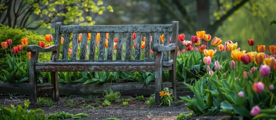 Old bench in a garden of tulips