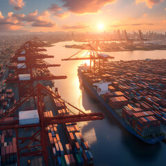 Sunset over the Tariff Gateway: Port Scene of Global Trade - obrazy, fototapety, plakaty