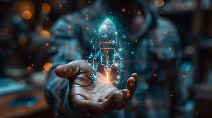 Mystical hand conjuring a holographic rocket, symbolizing innovation, technology, and startup growth.
 - obrazy, fototapety, plakaty