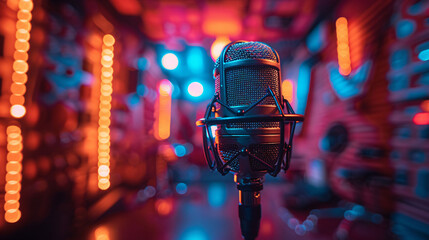 Studio microphone with vibrant neon lights, representing music production and modern recording...