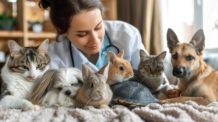 A group of animals ranging from cats and dogs to rabbits and even a turtle sit calmly on a blanket with a female veterinarian sitting in the middle gently petting and soothing each .