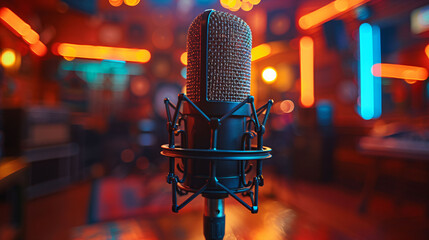Microphone in a studio setup with vibrant neon lights, used for recording or broadcasting. Concept: audio technology.
