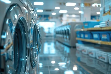 multiple industrial washing machines in modern laundry shop. Cleanliness concept of cleaning and laundry.