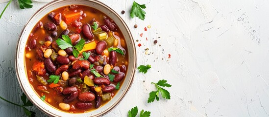 Chili beans on a white tabletop from a top view, with space for duplication. This is a homemade plant-based stew made with kidney beans and vegetables.