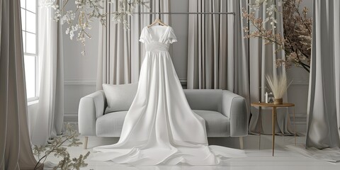Beautiful elegant luxury bridal dress on hangers. White wedding dresses hanging on hanger in bridal shop boutique salon. Closeup