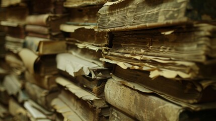 The rich aroma of old books wafts through the air as a closeup reveals piles of yellowing pages and musty bindings transporting you back in time. . - obrazy, fototapety, plakaty