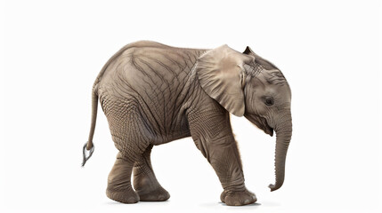 Obraz premium Baby elephant calf walking, tender age, isolated on white, concept: vulnerable wildlife.