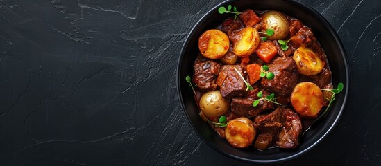 Beef and vegetable stew served in a black bowl with roasted baby potatoes, against a dark background. Space for text. Overhead view. - obrazy, fototapety, plakaty