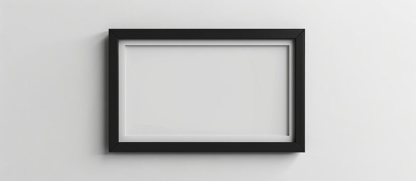 A blank black picture frame hanging on a white wall, creating a shadow below it in the background