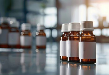 Medical pharmacy theme: empty clean bottles, containers, vials for advertising, presentation banners with copy space, showcasing pharmaceutical products mockup .