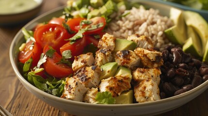 Indulge in a mouthwatering Mexican Chicken Salad Bowl featuring creamy avocado hearty black beans juicy tomatoes and flavorful chipotle spiced rice