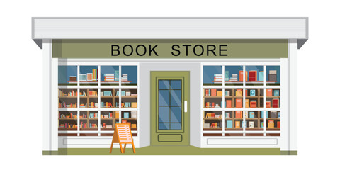 Bookstore front with bookshelves on white background.