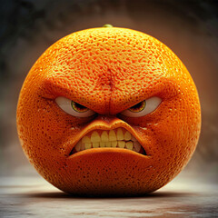 Fierce orange angry expression on fruit, concept: emotions, humor.
