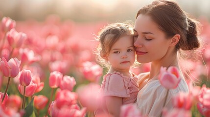 Daughter hugging mother on tulip flowers field. happy Mother's Day greeting card mockup with copy space .