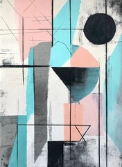 Geometric shapes, pastel tones, grunge painting with collage on canvas. Contemporary painting. Modern poster for wall decoration