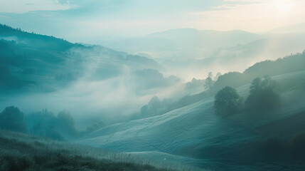 Misty sunrise over tranquil rolling hills in serene pastel tones for peaceful background - obrazy, fototapety, plakaty