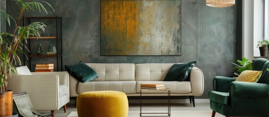 Abstract painting hangs on the grey wall in a vintage living room, featuring a beige sofa, dark...