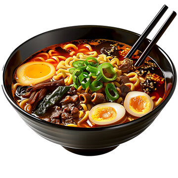 ramen with pork chasu mushrooms one soft boiled egg thick noodles spices sesame seeds seaweed