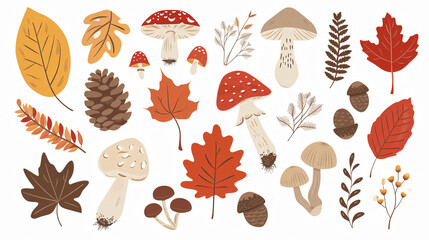 Autumn-themed illustration featuring various mushrooms, leaves, acorns, and pinecones on a light background; concept: seasonal nature.
