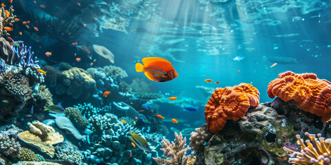 Beautiful colored fish swim underwater among the coral reef