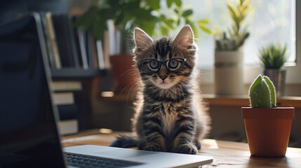 Adorable kitten with glasses sitting at a desk, mimicking a human office worker in a whimsical setup.
