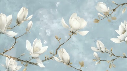 Vintage white magnolia flowers on light blue background, perfect for wall mural