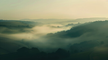 Obraz premium Misty sunrise over tranquil rolling hills in serene pastel tones for peaceful background