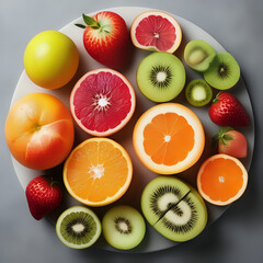 Naklejka na ściany i meble Top view of various fresh fruits Grapefruit kiwi strawberry apple lime and orange The concept of healthy eating - generated by ai
