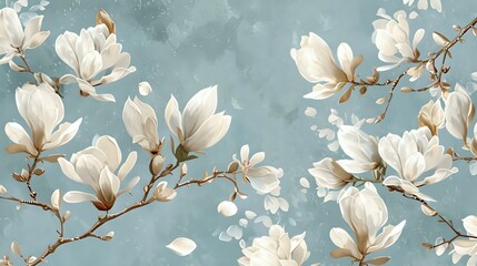 Delicate vintage magnolia flowers on light blue background, perfect for floral pattern wallpaper
