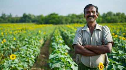 A smiling farmer stands in front of his vast fields of vibrant green crops which will be used as feedstock for biofuel production. The land is wellmaintained and free of any harmful . - obrazy, fototapety, plakaty