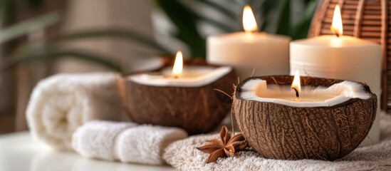 Fototapeta na wymiar Candles are lit in a coconut bowl on a towel, creating a warm and cozy ambiance in a tropical setting