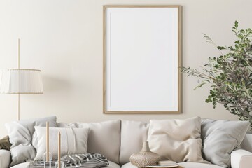 Fototapeta na wymiar Scandinavian style living room with poster mockup created with generative ai