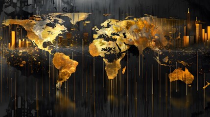 Artistic Global Map Depicting Market Trends with Urban Skylines and Golden Accents