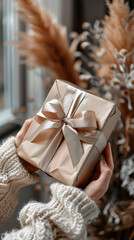 Gift box in hands with cozy sweater and neutral tones, conveying warmth and generosity.
