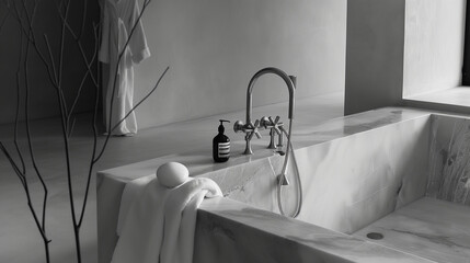 Sophisticated London townhouse bathroom with minimalist design, black and white palette, elegant fixtures, and diffused evening light.