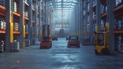 Forklifts navigate the warehouse aisles, transporting goods to and from various sections of the factory.