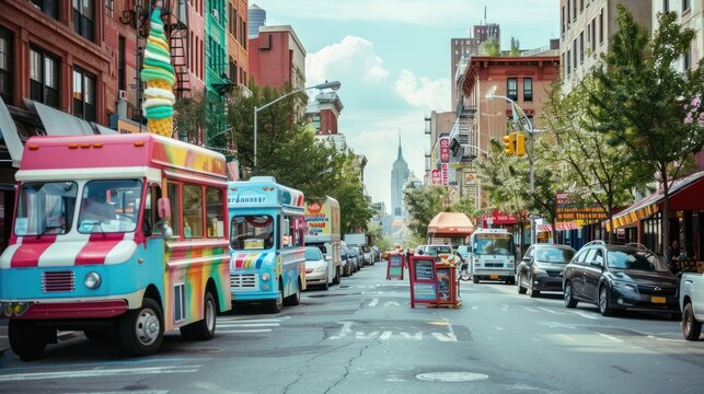 Ice cream trucks parked on bustling streets, offering cool treats to beat the summer heat.