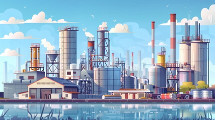Obraz premium The factory skyline is dotted with silos and storage tanks, storing the products of industrial production.