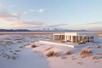 Desert Minimalistic House in White Sand Dune Landscape with Mountain Views - obrazy, fototapety, plakaty