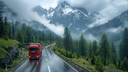 A commercial truck transportation, red freight vehicle on misty mountain road, scenic transport, A commercial truck transportation