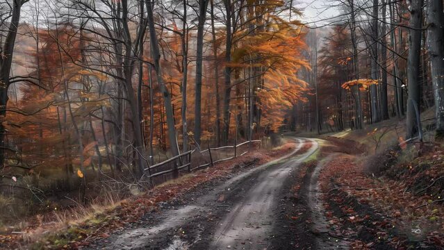 colorful trees and rural road in deep autumn forest. seamless looping overlay 4k virtual video animation background