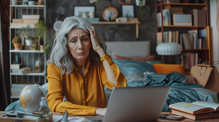 tensed senior lady taking online class, stressed mature woman giving online exam