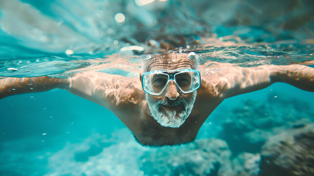 fit senior man taking a dive underwater, swimming , fitness  - Powered by Adobe