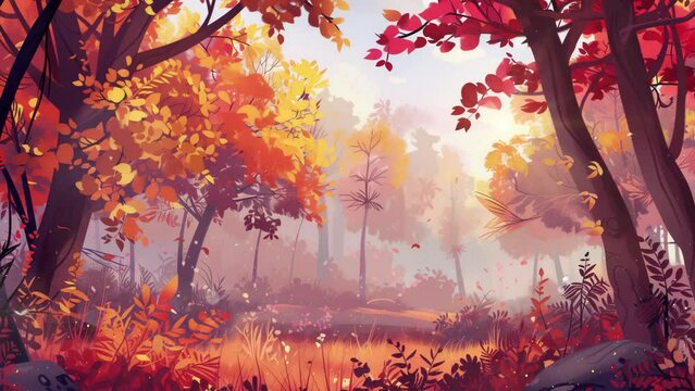 autumn scenery painting. color autumn forest. seamless looping overlay 4k virtual video animation background
