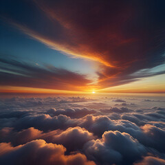 Aerial view above clouds at sunset. Colorful dramatic sky. - obrazy, fototapety, plakaty
