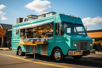 A vintage blue food truck parked on the street on a sunny day