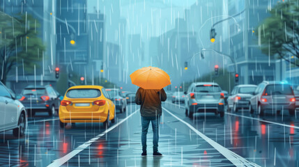Lonely Figure with Umbrella in Rainy Cityscape - 788877630