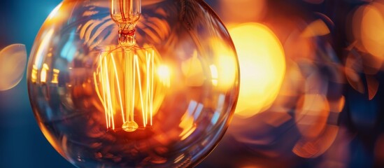 A detailed close-up of a bright and illuminated light bulb, with a blurred background highlighting its filament and glass structure - obrazy, fototapety, plakaty